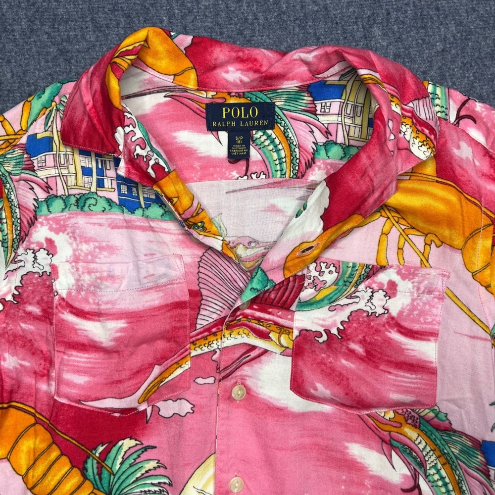 Polo Ralph Lauren Kids Pink Tropical Lobster Marlin Camp Shirt Size 8 S/P
